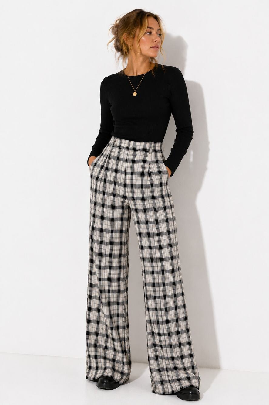 Princess Polly Black and White Plaid Wide-Leg Pants